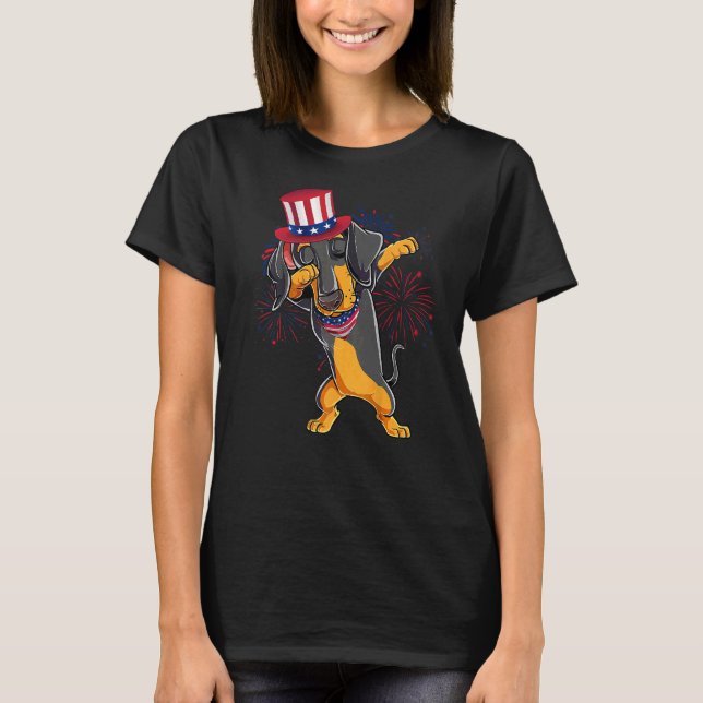 Dabbing Dachshund Hund & farbror Sam Hat USA flagg T Shirt (Framsida)