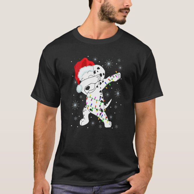 Dabbing Dalmatian Hund Bära Santa Hat Ljus Kristus T Shirt (Framsida)