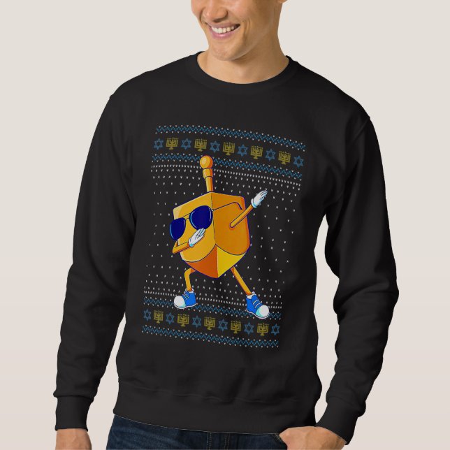 Dabbing Dreidel Ugly Hanukkah Sweater Julafton Cha Lång Ärmad Tröja (Framsida)