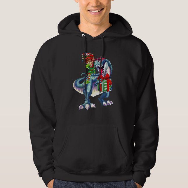 Dabbing Elf Riding Dinosaur Merry Christmas Tree L Hoodie (Framsida)