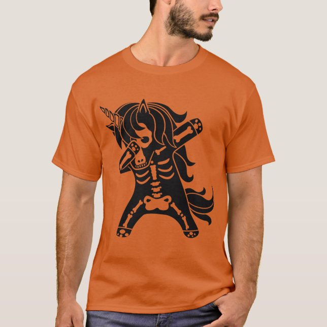 Dabbing Enhörning Skelett Cool Rolig Halloween T Shirt (Framsida)