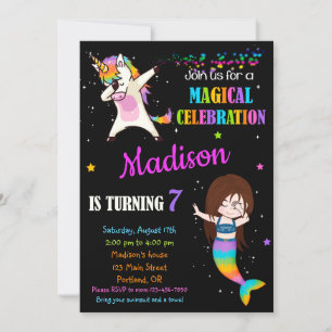 Dabbing för sjöjungfru- och Unicorn-födelsedagsinb Inbjudningar