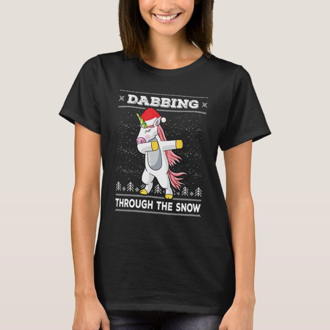 Dabbing genom Snö Dab Unicorn Ugly Christma T Shirt (Framsida)
