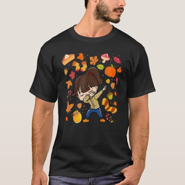 Dabbing Girl Autumn Maple Pumpkin Fall Season Leav T Shirt (Framsida)