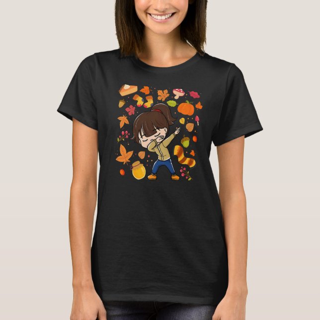 Dabbing Girl Autumn Maple Pumpkin Fall Season Leav T Shirt (Framsida)
