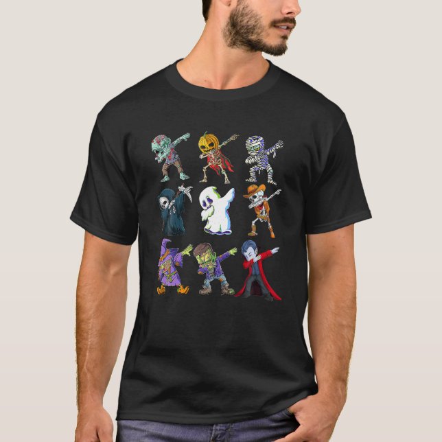 Dabbing Halloween Boys Skeleton Zombie Scary Pumpk T Shirt (Framsida)