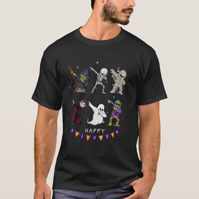 Dabbing Halloween Boys Skeleton Zombie Scary Pumpk T Shirt (Framsida)