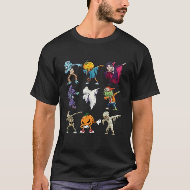 Dabbing Halloween Boys Skeleton Zombie Scary Pumpk T Shirt (Framsida)