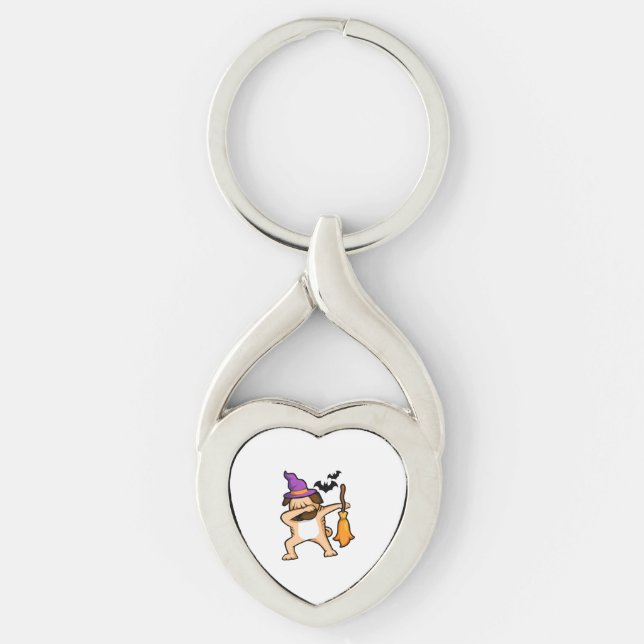 Dabbing Halloween Pug Hund Twisted Heart Silverfärgad Nyckelring (Framsidan)