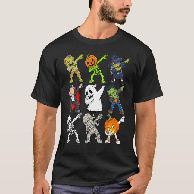 Dabbing Halloween Skeleton Zombie Scary Pumpkin Va T Shirt (Framsida)