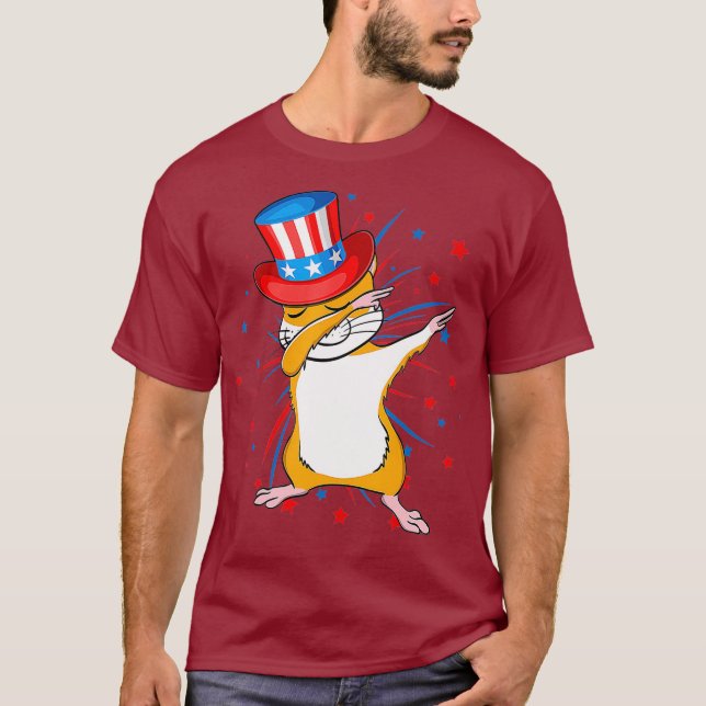 Dabbing Hamster with USA Hat Fireworks 4:e av T Shirt (Framsida)