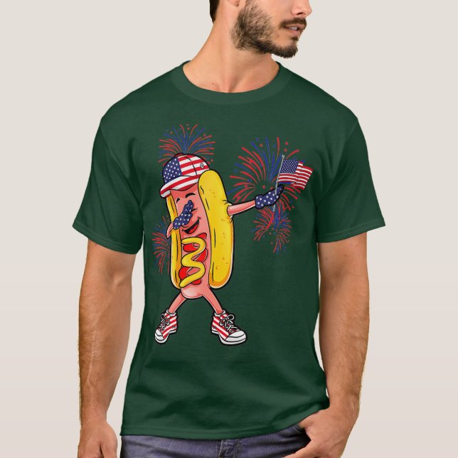 Dabbing Hett Hund 4:e juli Hotdog Merica USA T Shirt (Framsida)