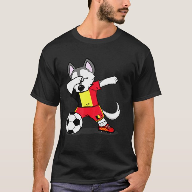Dabbing Husky Hund Belgium Football Belgium Flagga T Shirt (Framsida)