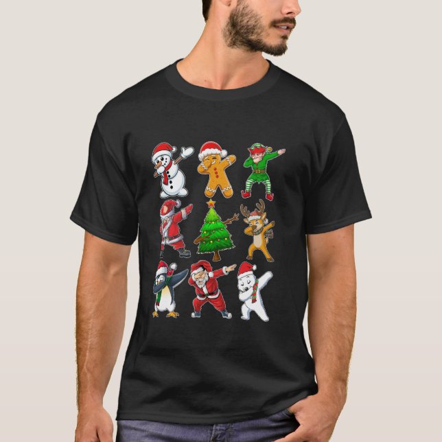 Dabbing Julafton Träd Ljus Santa Hat Reindeer T Shirt (Framsida)