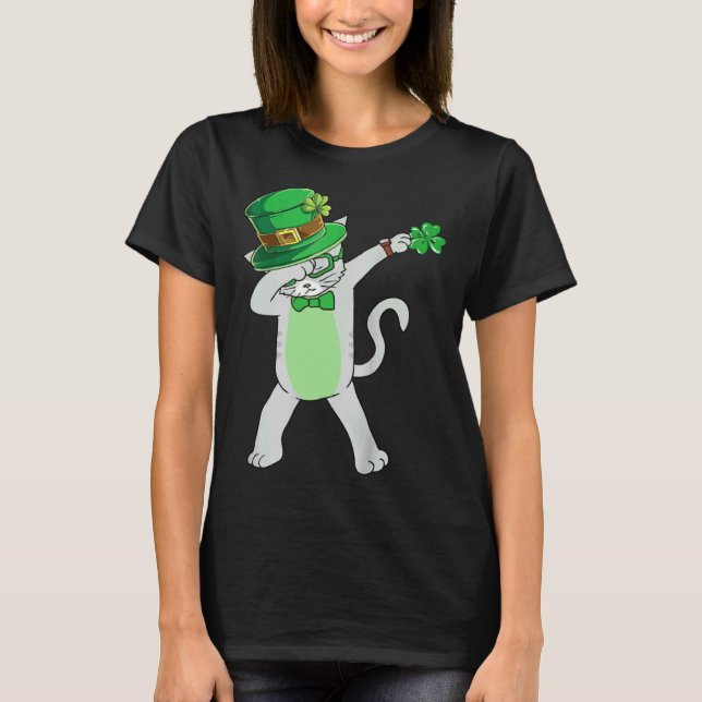 Dabbing Katt Leprechaun  Katt Shamrock St Patrick  T Shirt (Framsida)
