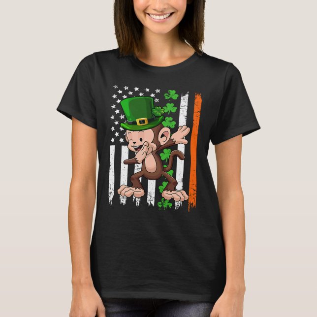 Dabbing Monkey Leprechaun Hat American Flagga St P T Shirt (Framsida)