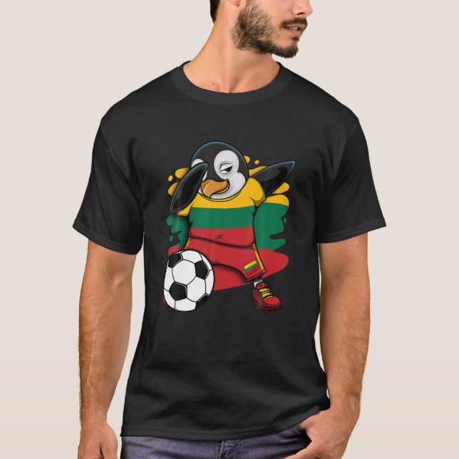Dabbing Penguin Lithuania Soccer Fans Jersey Footb T Shirt (Framsida)