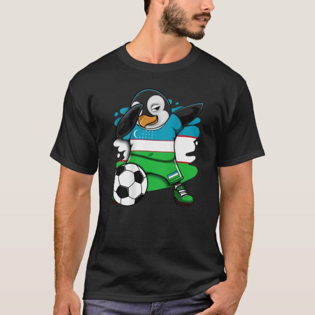 Dabbing Penguin Uzbekistan Soccer Fans Jersey Foot T Shirt (Framsida)