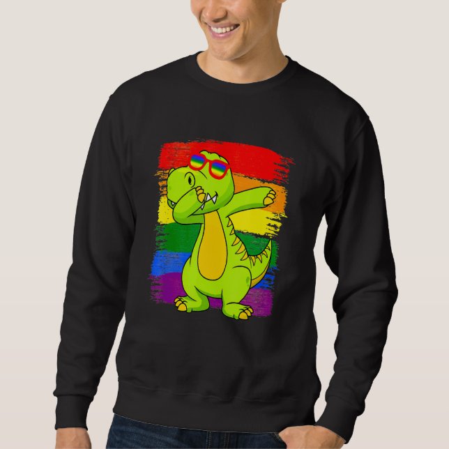 Dabbing Pridesaurus Rex Dinosaur LGBT Flag Gay Pri Lång Ärmad Tröja (Framsida)