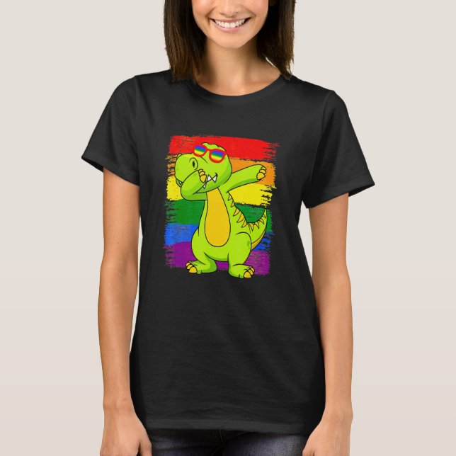 Dabbing Pridesaurus Rex Dinosaur LGBT Flag Gay Pri T Shirt (Framsida)