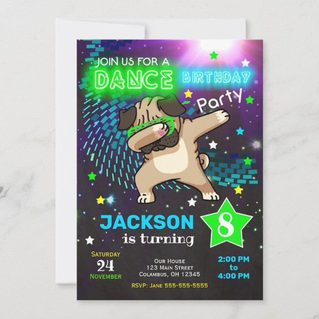 Dabbing Pug Birthday Bjud/Boy Dance Party Inbjudningar (Framsida)