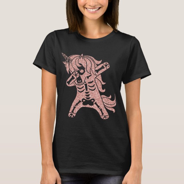 Dabbing Rosa Glitter Unicorn Skeleton Halloween  T Shirt (Framsida)