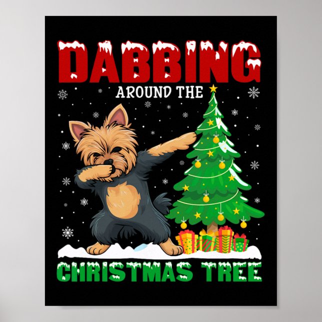 Dabbing runt Julgran Yorkie Hund Julafton Poster (Framsidan)
