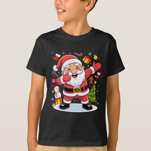 Dabbing Santa Claus Christmas Tree Lights Boys Kid T Shirt (Framsida)