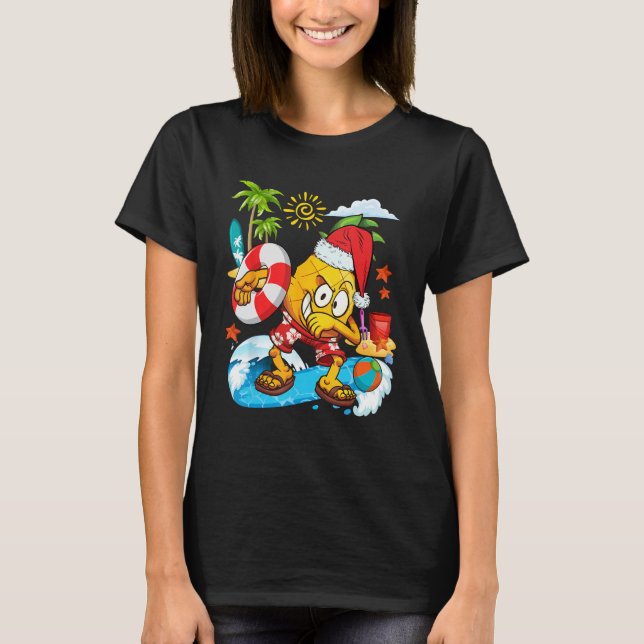 Dabbing Santa Pineapple Playing On Beach Christmas T Shirt (Framsida)