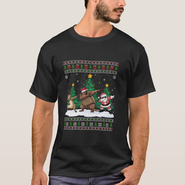 Dabbing Santa Reindeer Armadillo Träd Ljus Ugly T Shirt (Framsida)
