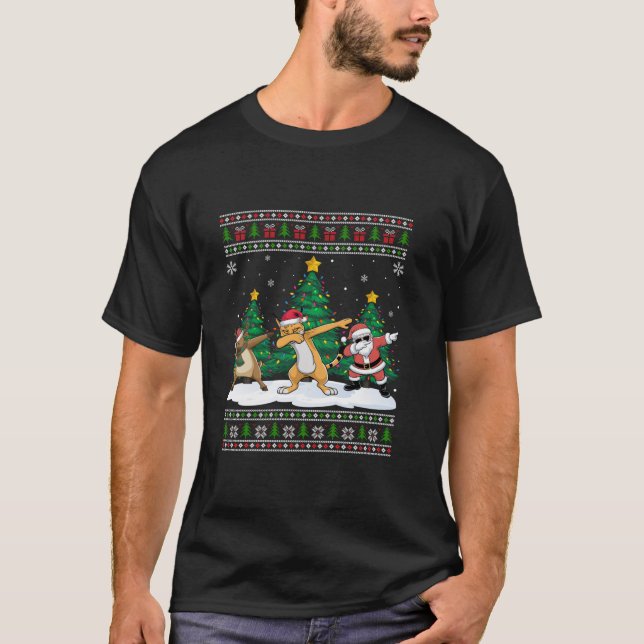 Dabbing Santa Reindeer Caracal Träd Ljus Ugly Xm T Shirt (Framsida)