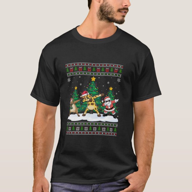 Dabbing Santa Reindeer Giraffe Träd Ljus Ugly Xm T Shirt (Framsida)