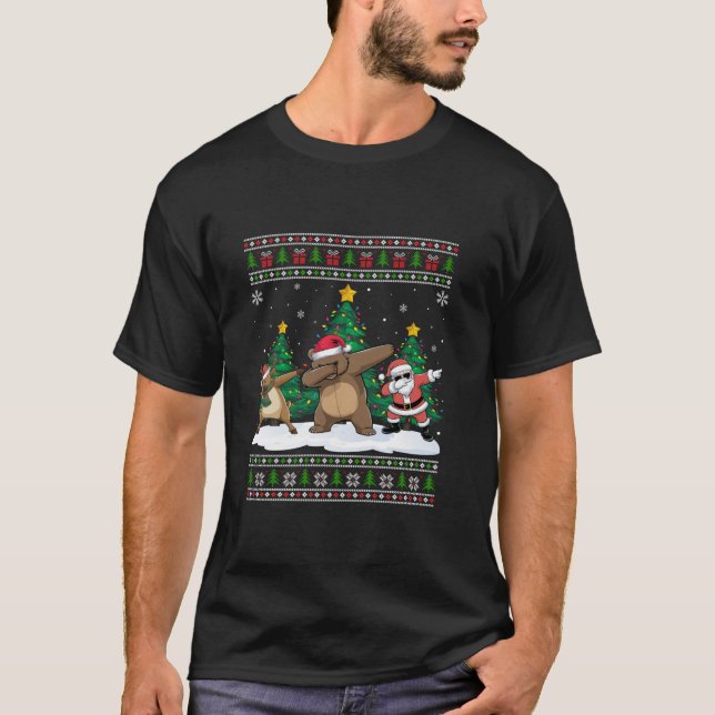 Dabbing Santa Reindeer Grizzly Bear Träd Ljus Ug T Shirt (Framsida)