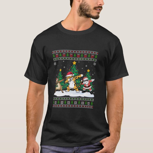 Dabbing Santa Reindeer Jaguar Träd Ljus Ugly Xma T Shirt (Framsida)