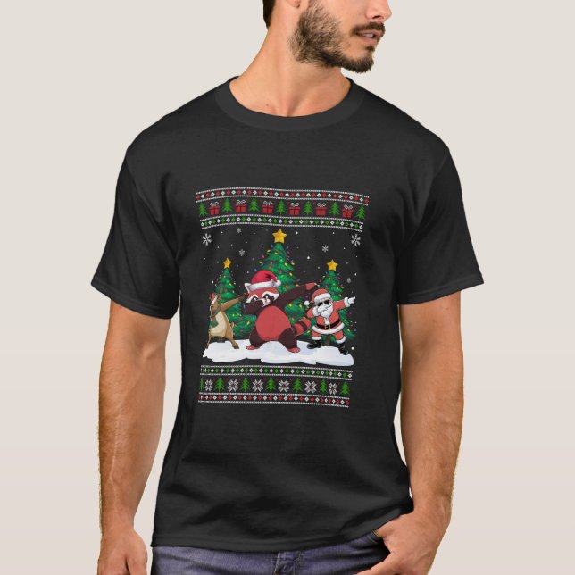 Dabbing Santa Reindeer Red Panda Träd Ljus Ugly T Shirt (Framsida)