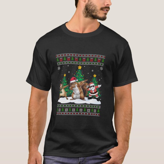 Dabbing Santa Reindeer Squirrel Träd Ljus Ugly X T Shirt (Framsida)