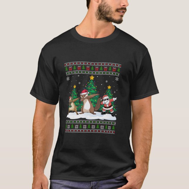 Dabbing Santa Reindeer Weasel Träd Ljus Ugly Xma T Shirt (Framsida)