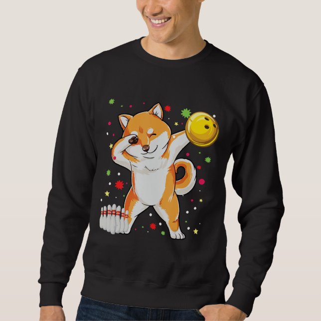 Dabbing Shiba Bowling Funny Bowling Gifts Lång Ärmad Tröja (Framsida)