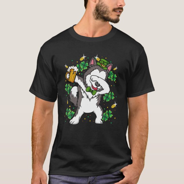 Dabbing Siberian husky Leprechaun Hund St Patrick' T Shirt (Framsida)