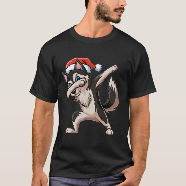 Dabbing Siberian husky Santa Hat jul Dab Dan T Shirt (Framsida)