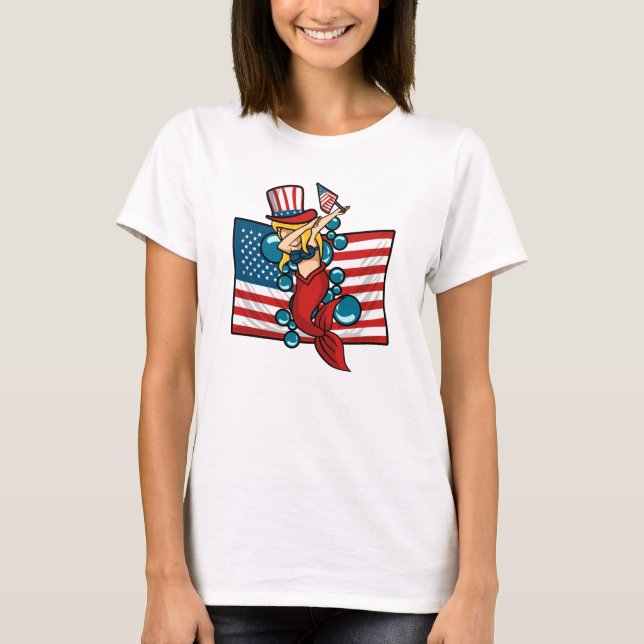 Dabbing Sjöjungfru American Flagga Patriotic T-Shi T Shirt (Framsida)