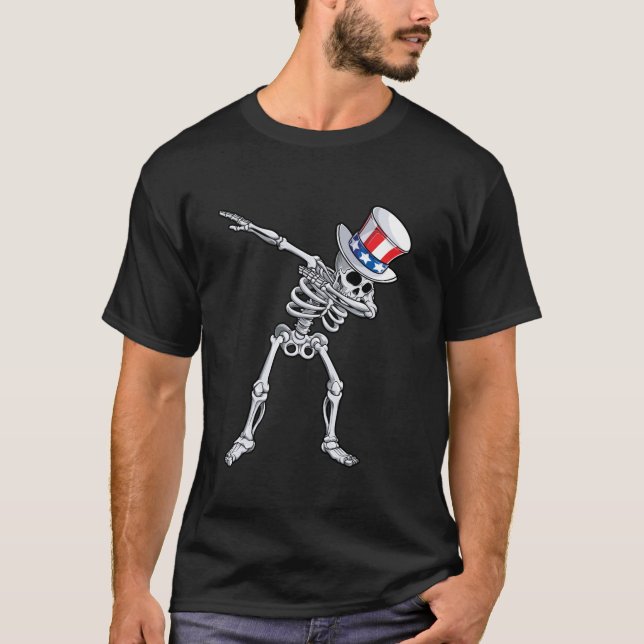 Dabbing Skeleton 4:e juli, farbror Sam Manar Dag T Shirt (Framsida)