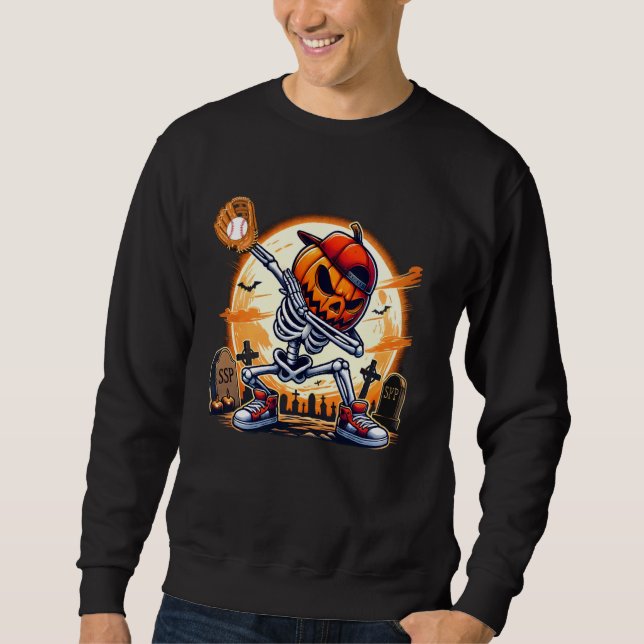 Dabbing Skeleton Baseball Halloween Costume Manar  Lång Ärmad Tröja (Framsida)
