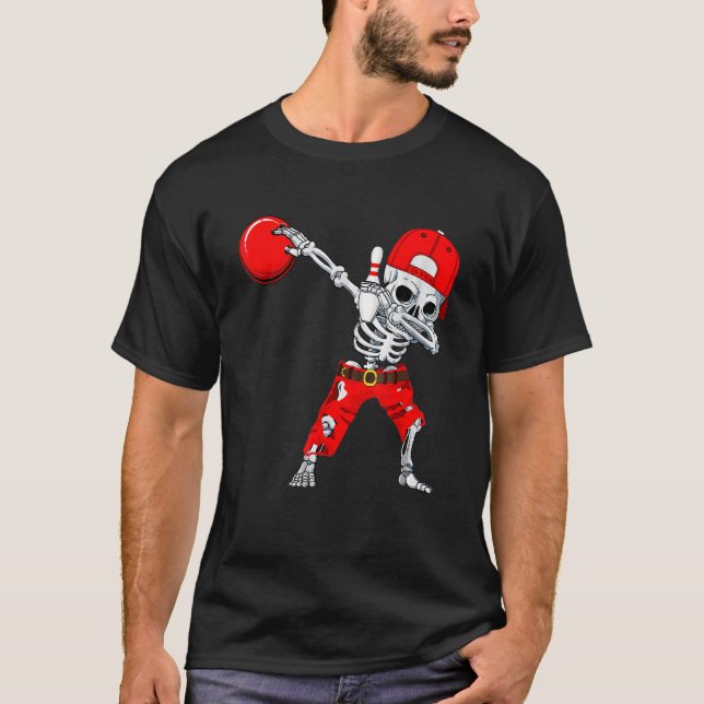 Dabbing Skeleton Bowling Skull Halloween Costume T Shirt (Framsida)