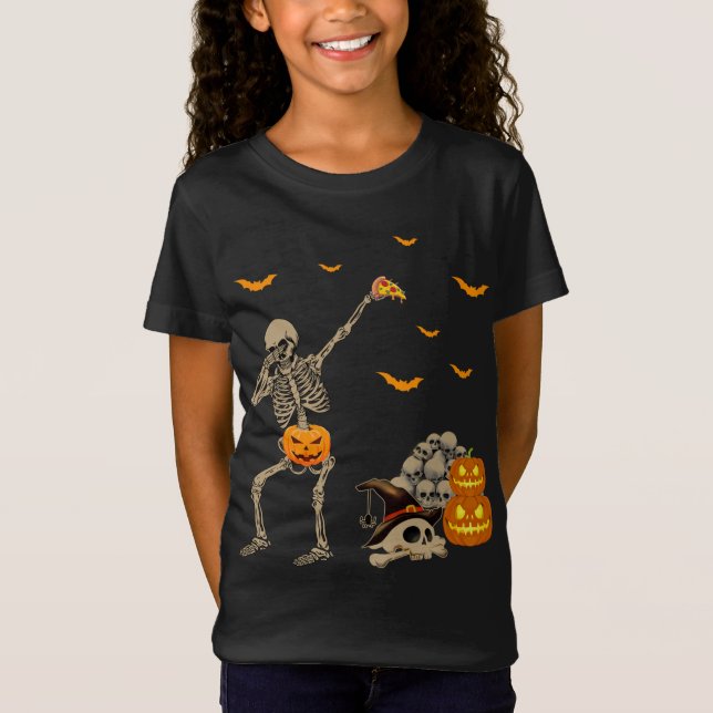 Dabbing Skeleton Eating Pizza Scary Pumpkins Skull T Shirt (Framsida)
