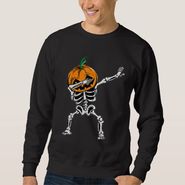 Dabbing Skeleton Halloween Ghost Party Costume Pum Lång Ärmad Tröja (Framsida)