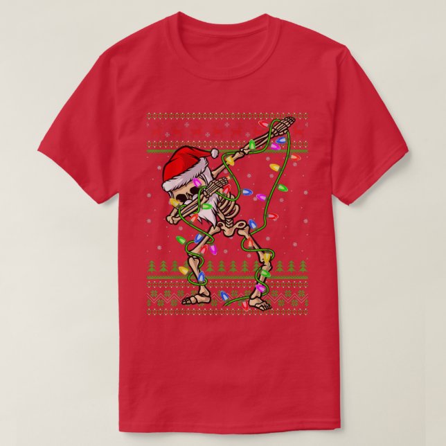 Dabbing Skeleton Julafton Ljus Ugly Santa Skeleton T Shirt (Design framsida)