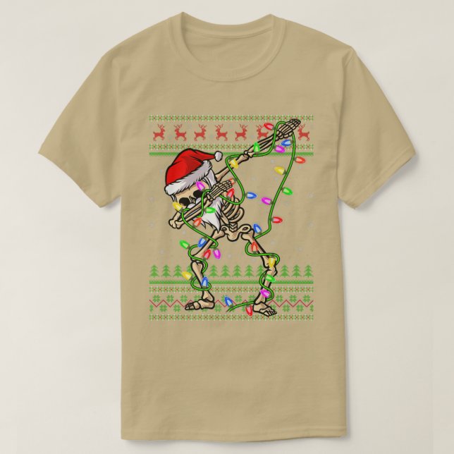 Dabbing Skeleton Julafton Ljus Ugly Santa Skeleton T Shirt (Design framsida)