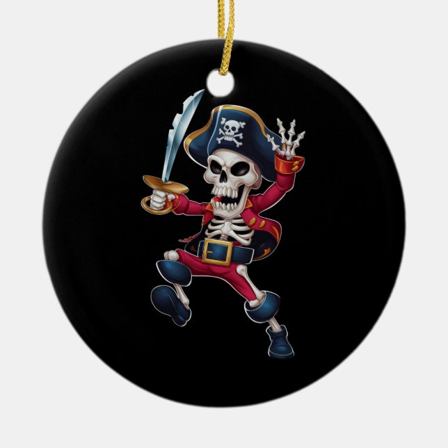 Dabbing Skeleton Pirat Halloween Kids Jolly Roger Julgransprydnad Keramik (Framsidan)