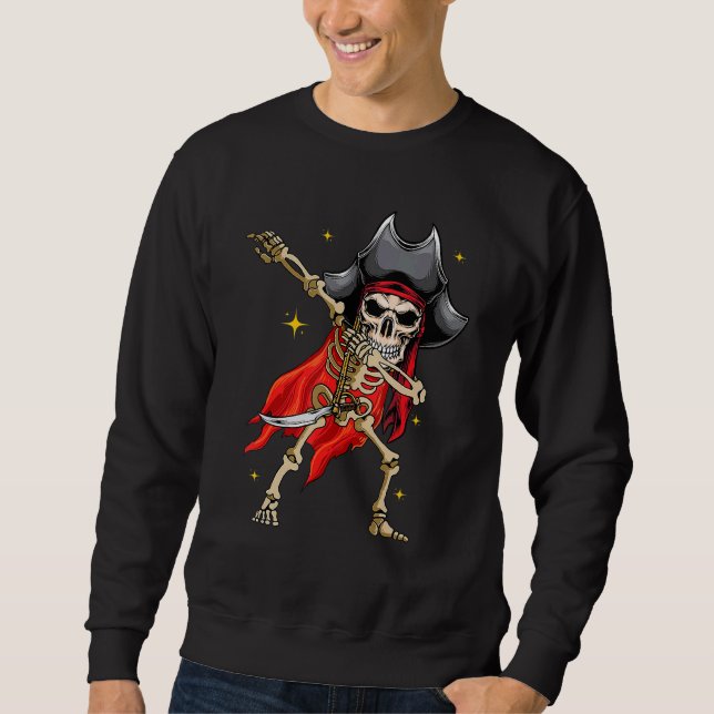 Dabbing Skeleton Pirat Halloween Kids Jolly Roger Lång Ärmad Tröja (Framsida)